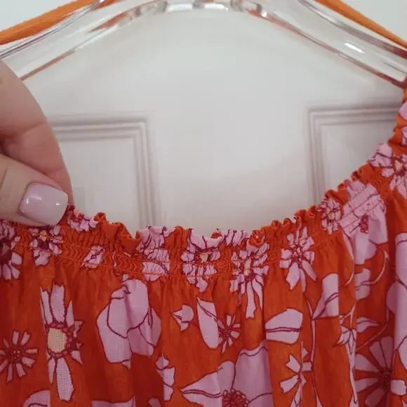 Free People Orange Pink Floral Off Shoulder Peasant Top L EC - Picture 6 of 10